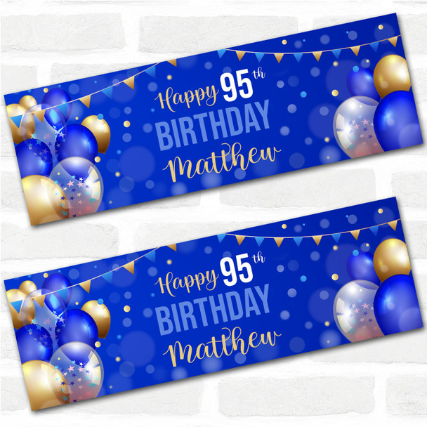 Personalised Party Banner For 95th Birthday Male Blue Gold Balloons