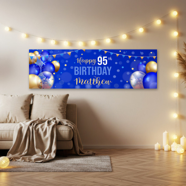 Personalised Party Banner For 95th Birthday Male Blue Gold Balloons