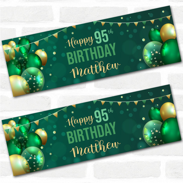 Personalised Party Banner For 95th Birthday Male Green Gold Balloons