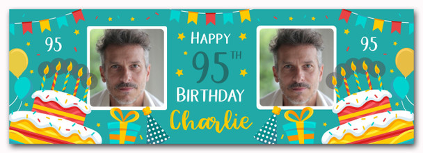 Personalised Party Banner For 95th Birthday With Photo Male Turquoise Cake