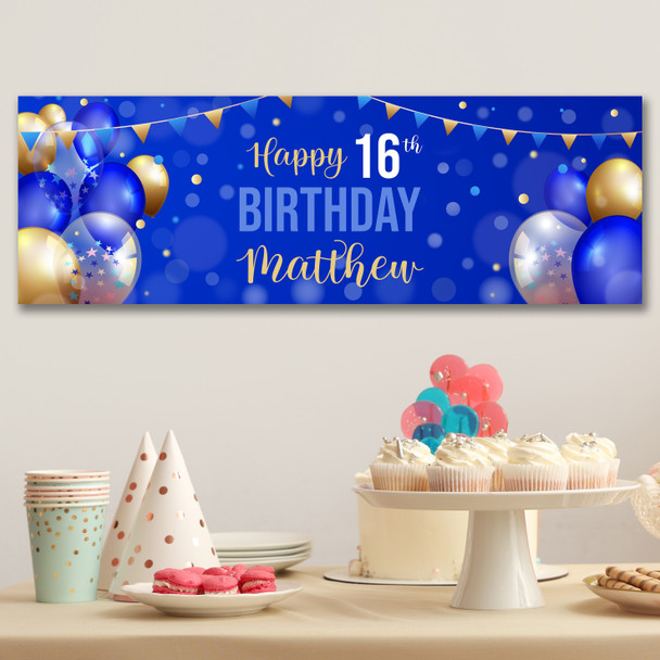 Personalised Party Banner For 16th Birthday Male Blue Gold Balloons