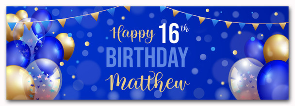 Personalised Party Banner For 16th Birthday Male Blue Gold Balloons