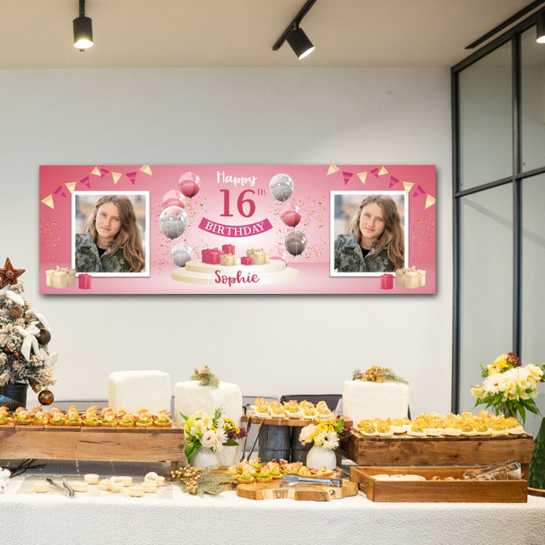 Personalised Party Banner For 16th Birthday With Photo Female Pink Balloon Gift