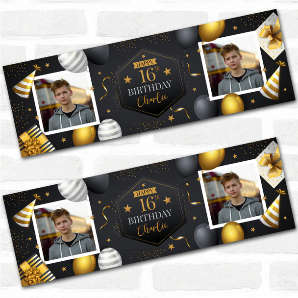Personalised Party Banner For 16th Birthday With Photo Male Gold Black Balloons