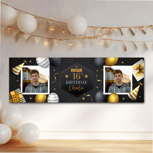 Personalised Party Banner For 16th Birthday With Photo Male Gold Black Balloons