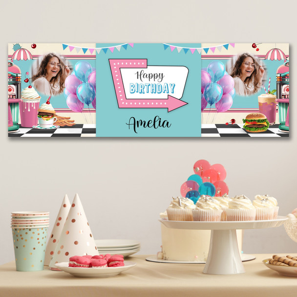 Personalised Party Banner For Birthday With Photo 1950's Diner Pink Blue Personalised Party Banner For Birthday With Photo 1950's Diner Pink Blue