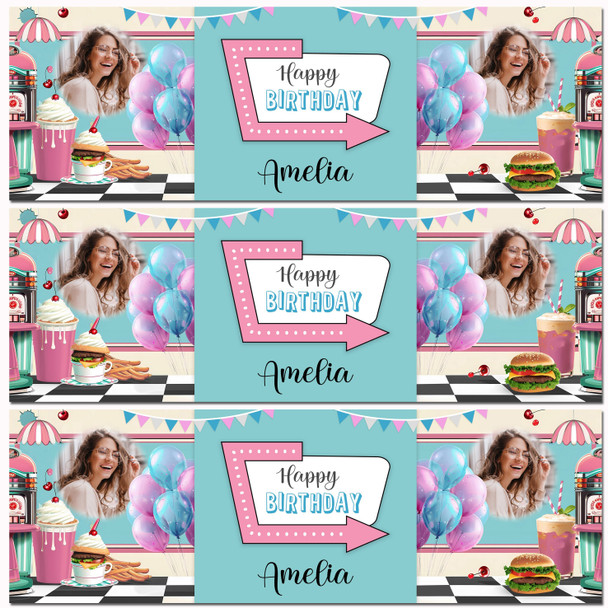 Personalised Party Banner For Birthday With Photo 1950's Diner Pink Blue Personalised Party Banner For Birthday With Photo 1950's Diner Pink Blue