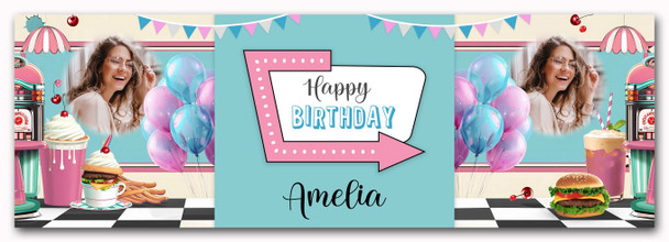 Personalised Party Banner For Birthday With Photo 1950's Diner Pink Blue Personalised Party Banner For Birthday With Photo 1950's Diner Pink Blue