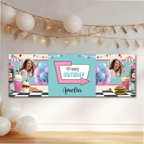 Personalised Party Banner For Birthday With Photo 1950's Diner Pink Blue Personalised Party Banner For Birthday With Photo 1950's Diner Pink Blue