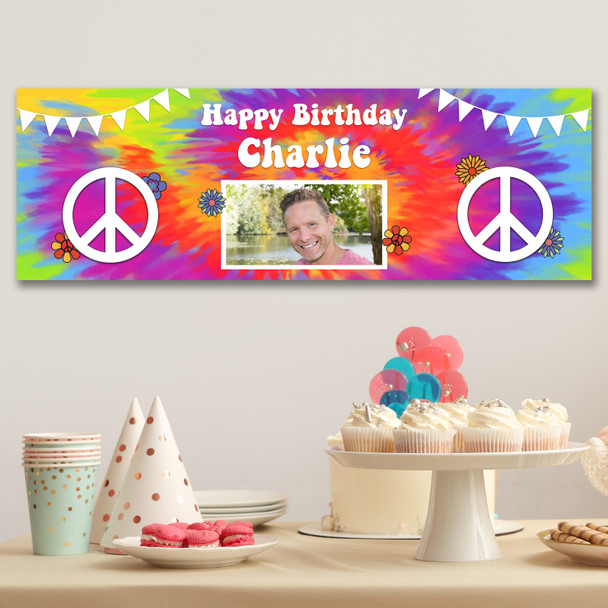 Personalised Party Banner For Birthday With Photo 1960's Tie Peace