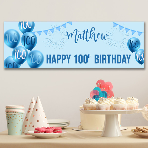 Personalised Party Banner For 100th Birthday Male Blue Balloon Star