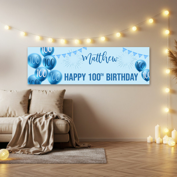 Personalised Party Banner For 100th Birthday Male Blue Balloon Star