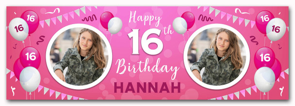 Personalised Party Banner For 16th Birthday With Photo Female Pink Balloons