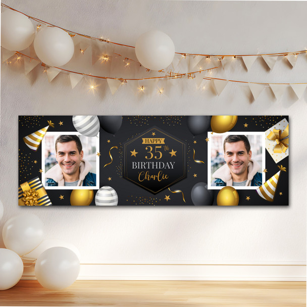 Personalised Party Banner For Birthday With Photo 35 Male Gold Black Balloons