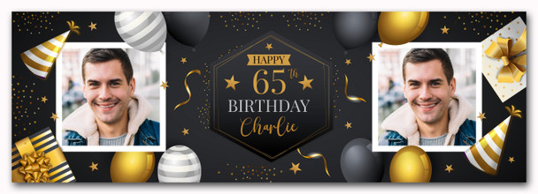 Personalised Party Banner For Birthday With Photo 65 Male Gold Black Balloons