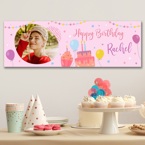 Personalised Party Banner For Birthday With Photo Female Pink Cake Balloons