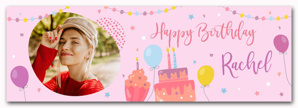 Personalised Party Banner For Birthday With Photo Female Pink Cake Balloons