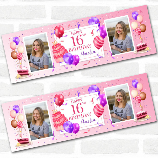 Personalised Party Banner For 16th Birthday With Photo Female Pink Cake