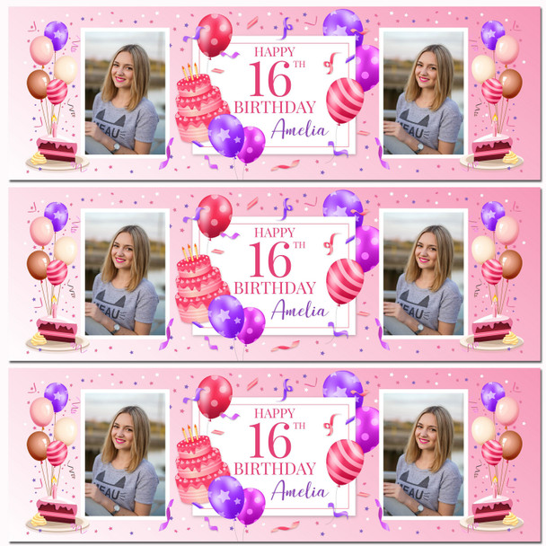 Personalised Party Banner For 16th Birthday With Photo Female Pink Cake