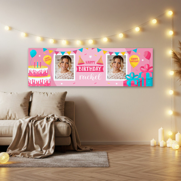 Personalised Party Banner For Birthday With Photo Female Pink Cake Gift