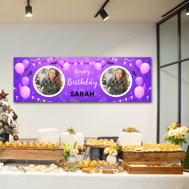 Personalised Party Banner For Birthday With Photo Female Purple Balloons Personalised Party Banner For Birthday With Photo Female Purple Balloons