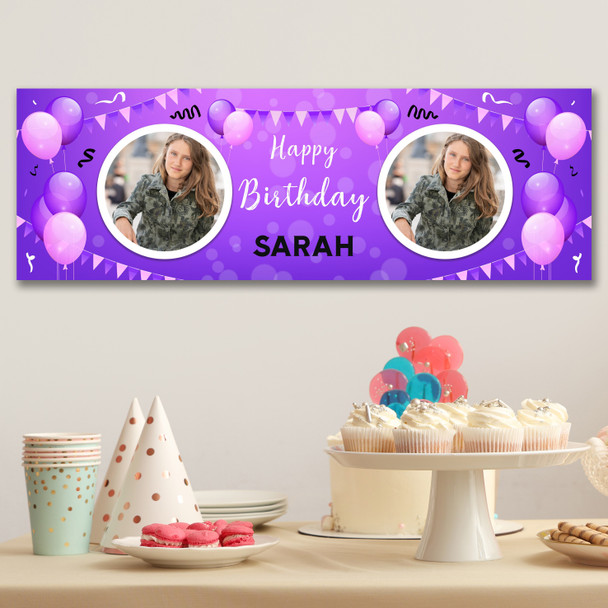 Personalised Party Banner For Birthday With Photo Female Purple Balloons Personalised Party Banner For Birthday With Photo Female Purple Balloons