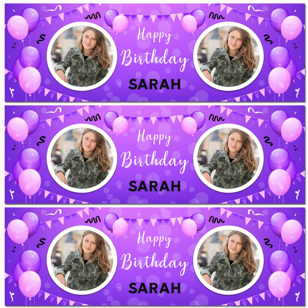 Personalised Party Banner For Birthday With Photo Female Purple Balloons Personalised Party Banner For Birthday With Photo Female Purple Balloons