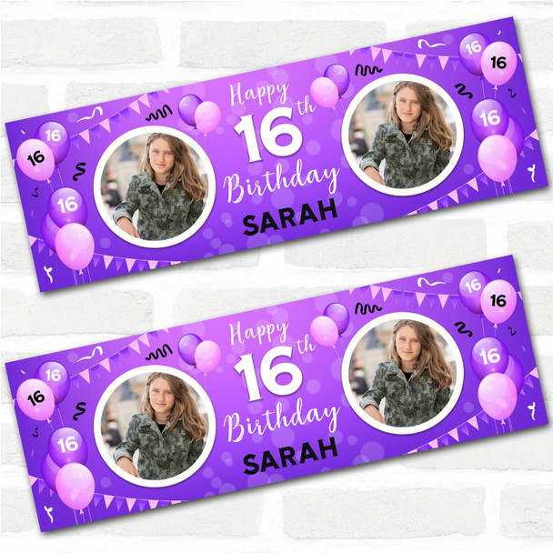 Personalised Party Banner For 16th Birthday With Photo Female Purple Balloons