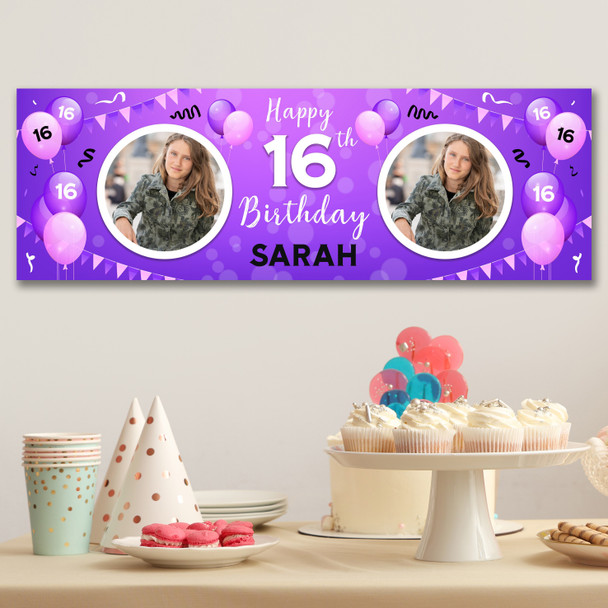 Personalised Party Banner For 16th Birthday With Photo Female Purple Balloons