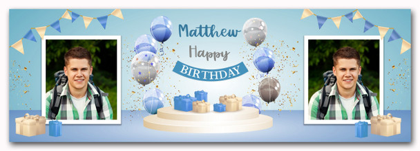 Personalised Party Banner For Birthday With Photo Male Blue Balloon Gift