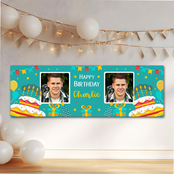 Personalised Party Banner For Birthday With Photo Male Turquoise Cake Personalised Party Banner For Birthday With Photo Male Turquoise Cake
