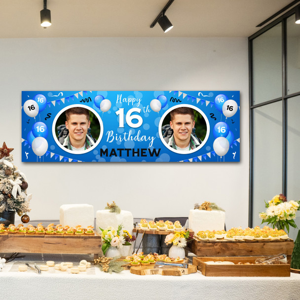 Personalised Party Banner For 16th Birthday With Photo Male Blue Balloons