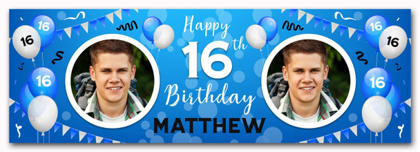 Personalised Party Banner For 16th Birthday With Photo Male Blue Balloons