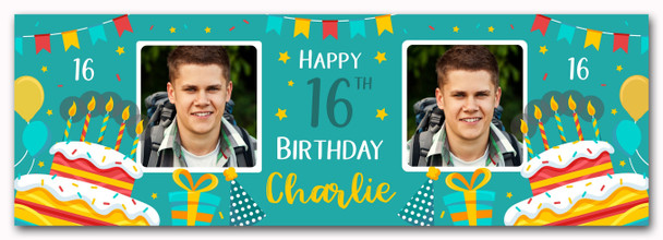 Personalised Party Banner For 16th Birthday With Photo Male Turquoise Cake Personalised Party Banner For 16th Birthday With Photo Male Turquoise Cake