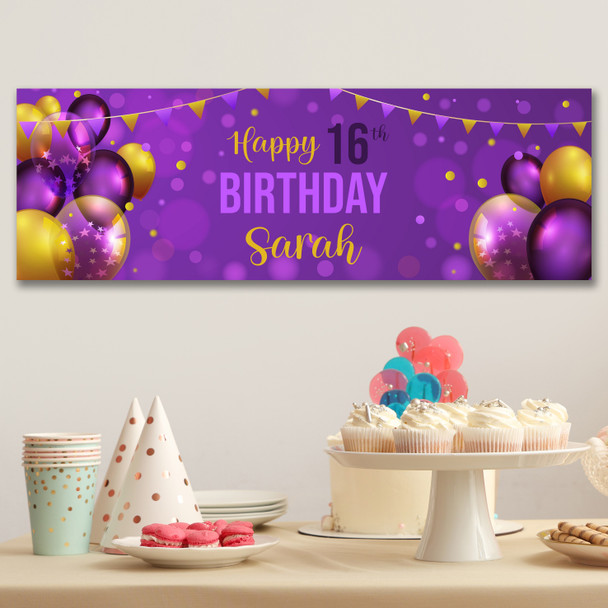 Personalised Party Banner For 16th Birthday Purple Gold Balloons