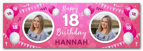Personalised Party Banner For 18th Birthday With Photo Female Pink Balloons Personalised Party Banner For 18th Birthday With Photo Female Pink Balloons