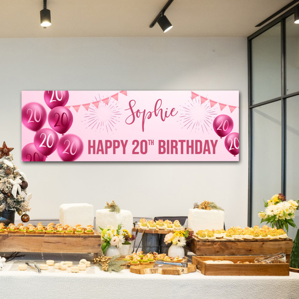 Personalised Party Banner For 20th Birthday Female Pink Balloon Star