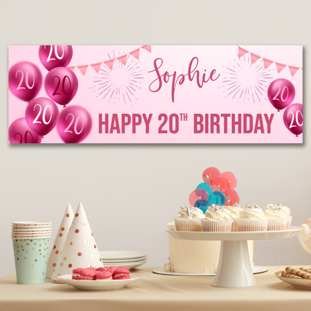 Personalised Party Banner For 20th Birthday Female Pink Balloon Star