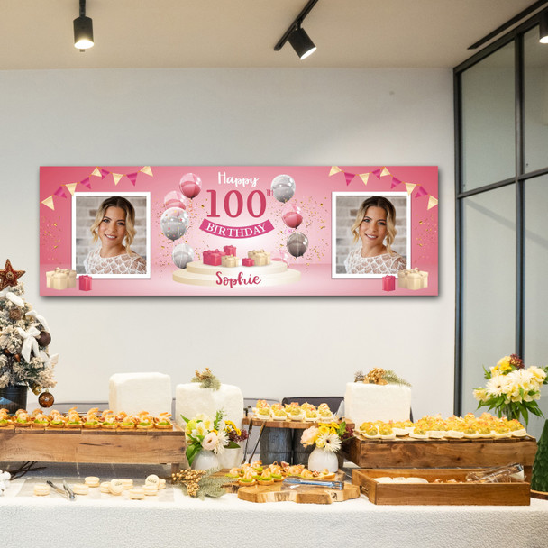 Personalised Party Banner For 100th Birthday With Photo Female Pink Balloon Gift Personalised Party Banner For 100th Birthday With Photo Female Pink Balloon Gift
