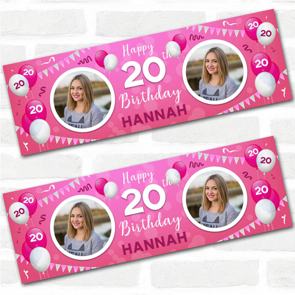 Personalised Party Banner For 20th Birthday With Photo Female Pink Balloons