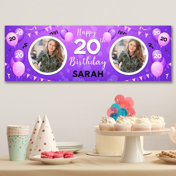 Personalised Party Banner For 20th Birthday With Photo Female Purple Balloons Personalised Party Banner For 20th Birthday With Photo Female Purple Balloons