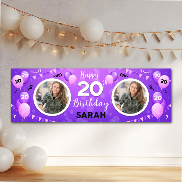 Personalised Party Banner For 20th Birthday With Photo Female Purple Balloons Personalised Party Banner For 20th Birthday With Photo Female Purple Balloons