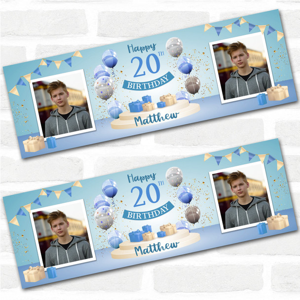 Personalised Party Banner For 20th Birthday With Photo Male Blue Balloon Gift