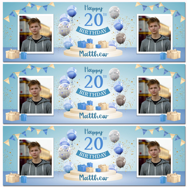 Personalised Party Banner For 20th Birthday With Photo Male Blue Balloon Gift