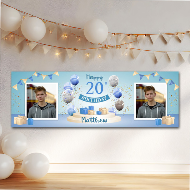 Personalised Party Banner For 20th Birthday With Photo Male Blue Balloon Gift