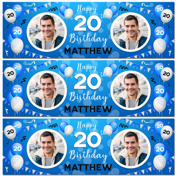 Personalised Party Banner For 20th Birthday With Photo Male Blue Balloons