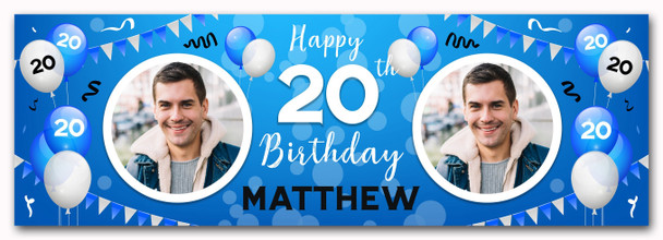 Personalised Party Banner For 20th Birthday With Photo Male Blue Balloons
