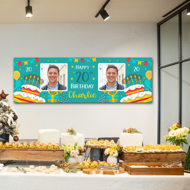 Personalised Party Banner For 20th Birthday With Photo Male Turquoise Cake