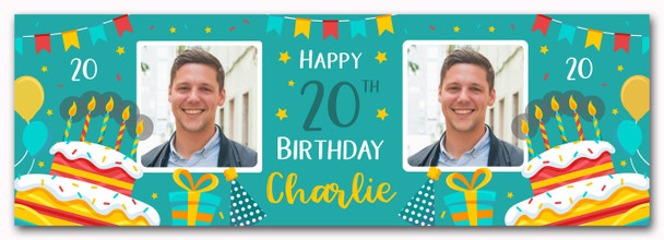Personalised Party Banner For 20th Birthday With Photo Male Turquoise Cake