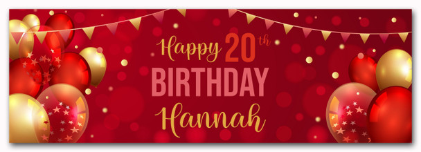 Personalised Party Banner For 20th Birthday Red Gold Balloons